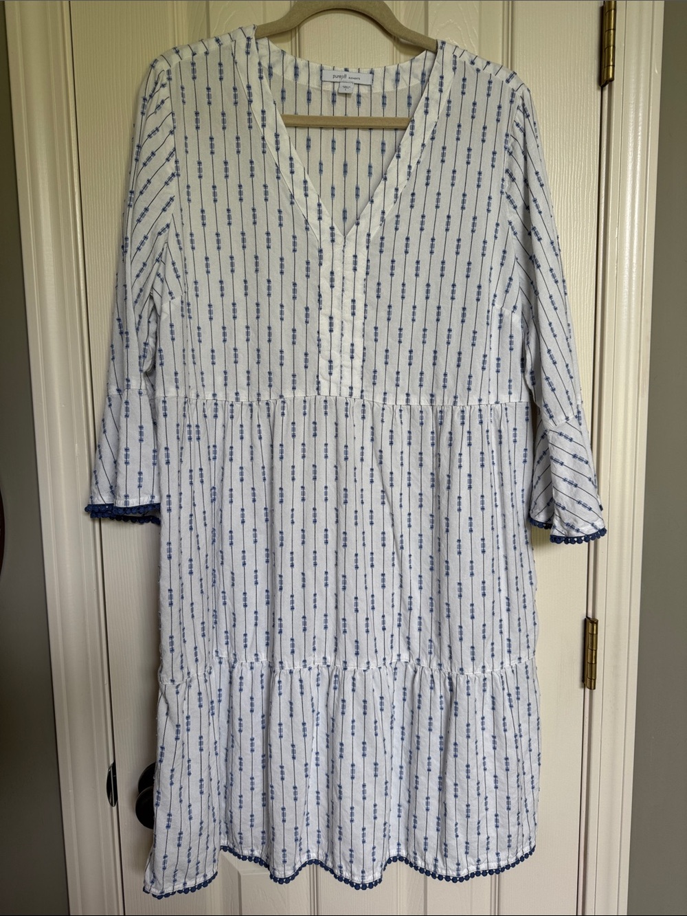 J. Jill White Cotton Dress with Blue Stripe Dot Print